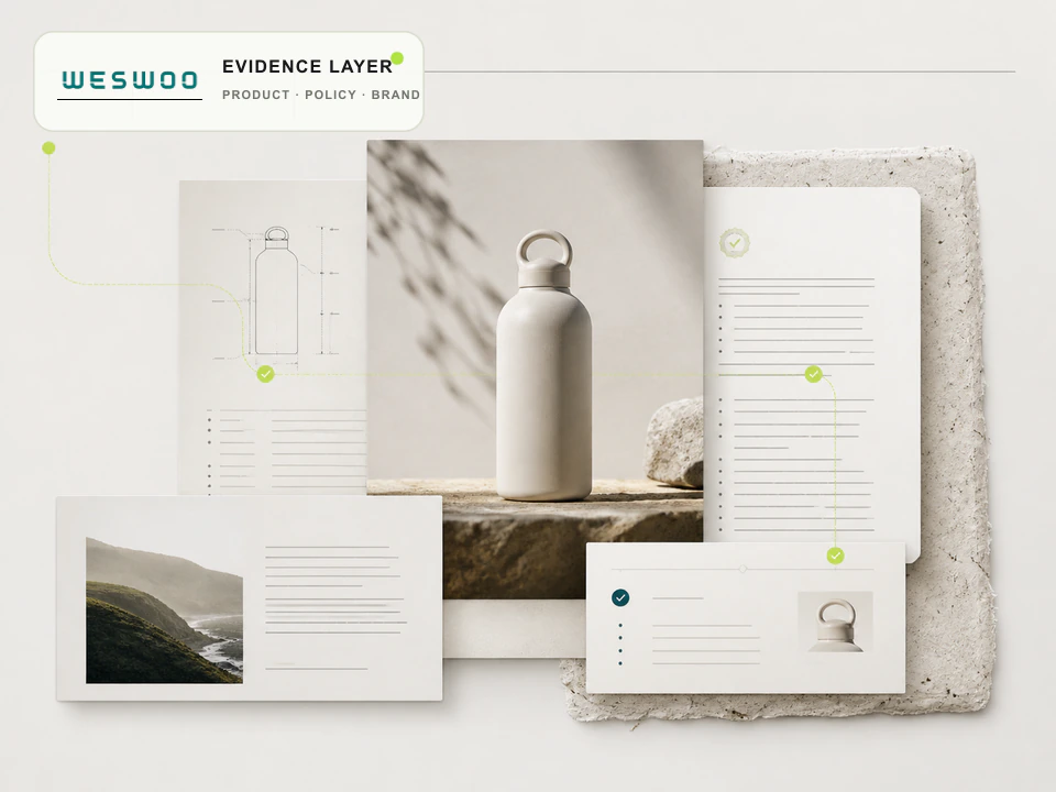 Editorial visual of product, policy, and brand pages forming a retrievable evidence layer